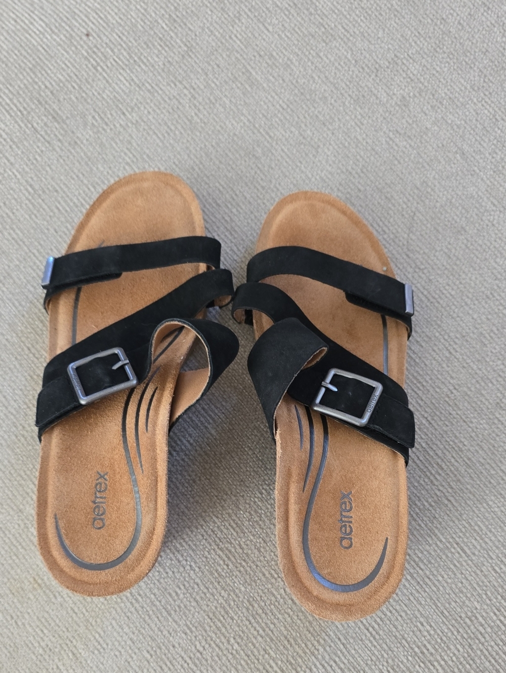 Aetrex Black Suede Double Strap Buckle Slide Sandals
